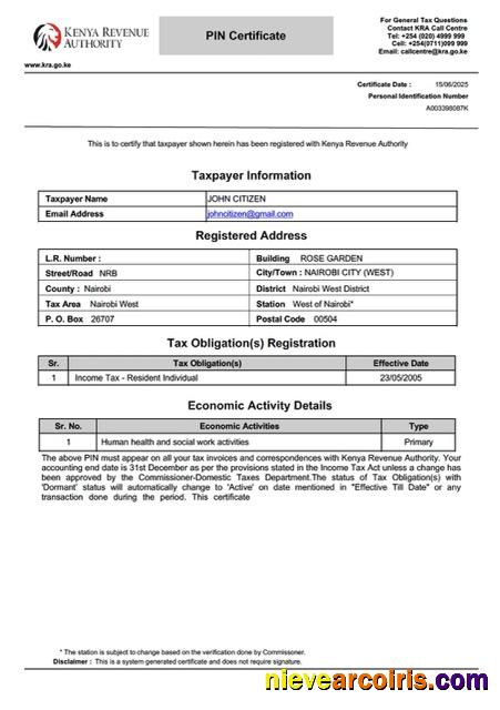 Kenya taxpayer certificate